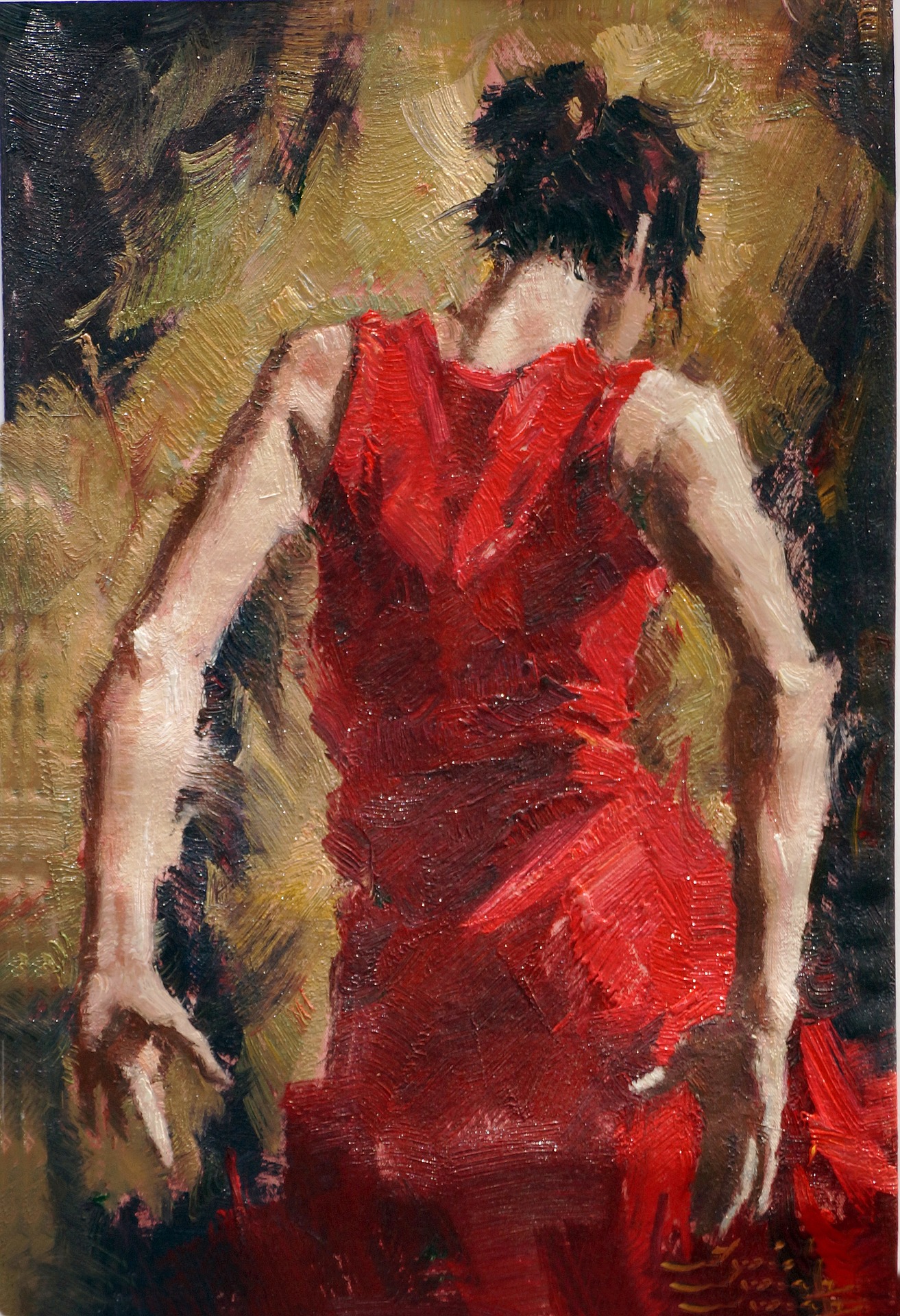 Back profile of a spanish lady wearing red dress